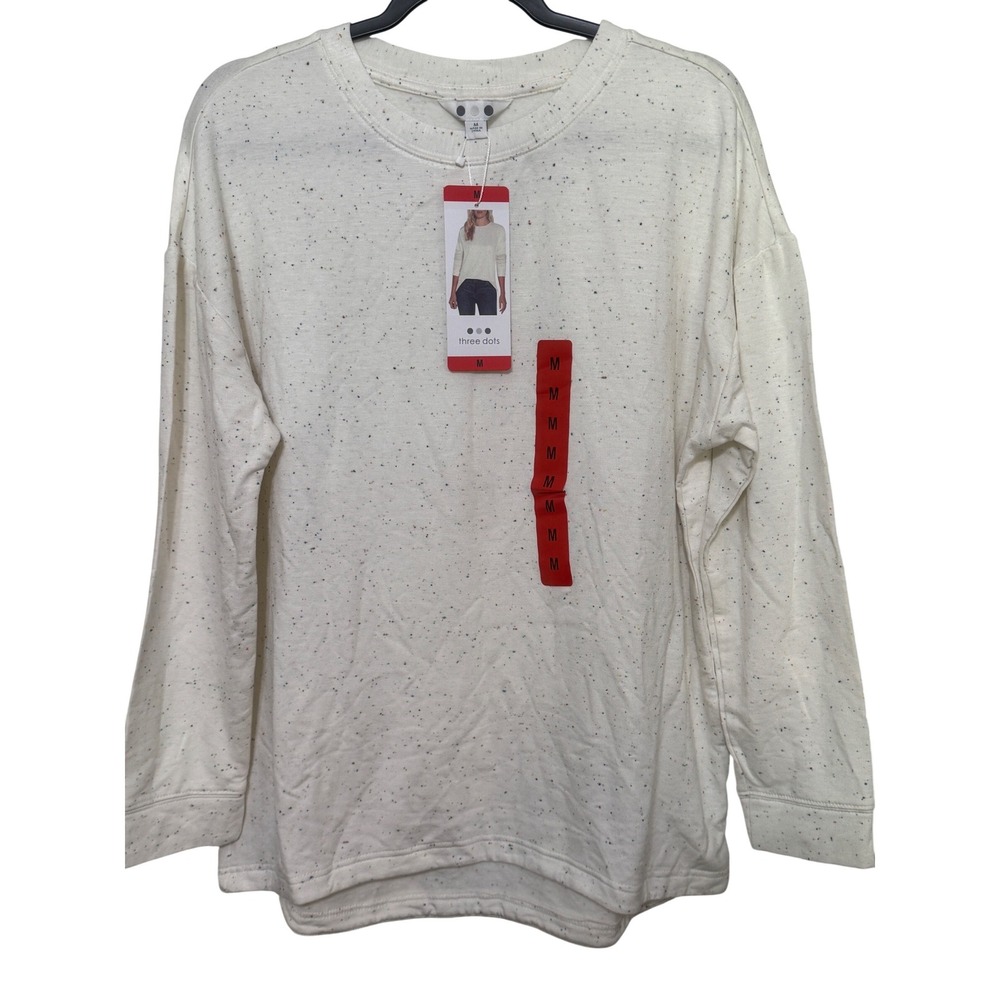 Three Dots Womens Confetti Fleck Long Sleeve Crewneck Top Cream Size Medium